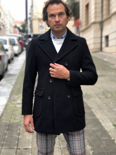   Palto męskie, dwurzędowe - Slim - Czarny - Made in Italy