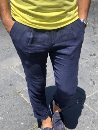 Paul Miranda - Pantaloni blu, lino - Slim