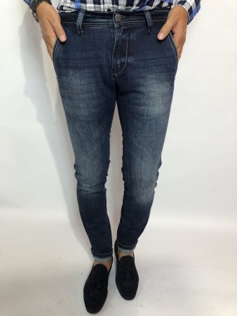 Jeansy męskie, niebieski piaskowany - Key Jey - Skin - Made in Italy