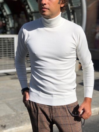 Męski sweter, golf - kolor biały, wysoki kołnierz - Made in Italy 
