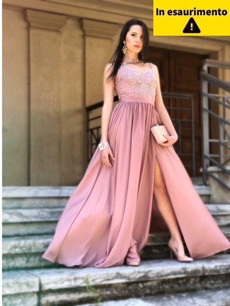 Vestito rosa cipria - Lungo - Elegante - Con spacco - Vestiti eleganti - Gogolfun.it