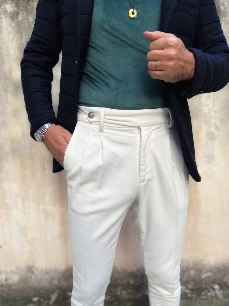 Spodnie męskie, model Chinos - kolor  kremowy - Stan wysoki - Paul Miranda -  Made in Italy -Gogolfun.pl