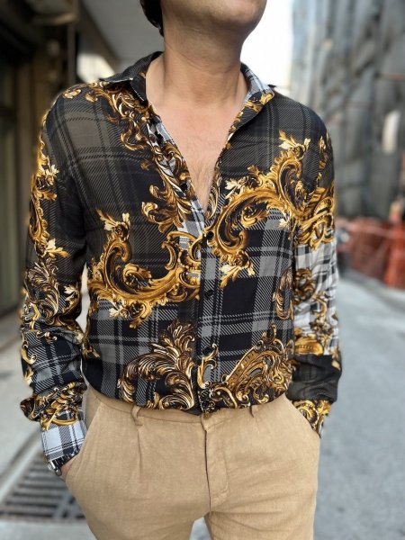 Koszula męska, ozdobny barokowy wzór w kolorze złotym – Made in Italy - Moda męska - Gogolfun.pl