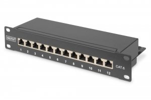 Patch panel DIGITUS 10&quot; 12-portów RJ-45 Kat.6 ekranowany 1U kompletny LSA, wspornik kablowy, czarny