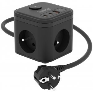 Kostka zasilająca KERG 3-gniazdowa + szybka ładowarka USB-A+USB-C 1,5m 3×1,5mm2 H05VV-F 16A/250V czarna