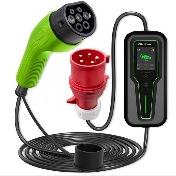 Ładowarka Qoltec do samochodu elektrycznego EV z regulacją 2w1 typ2 | 7kW | CEE 3 PIN | 230V | LCD | LCD | Przenośna | Wallbox | 5m