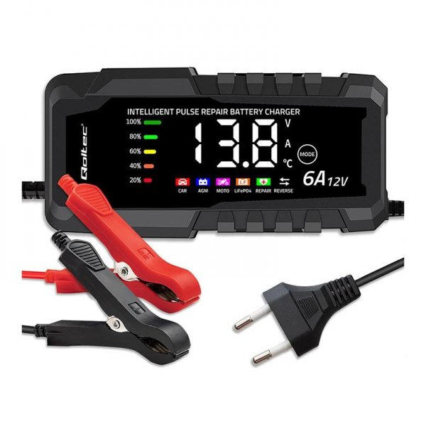 Ładowarka inteligentna Qoltec mikroprocesorowa 12V 6A | Prostownik z funkcją naprawy do akumulatora AGM GEL LiFePO4 | LCD