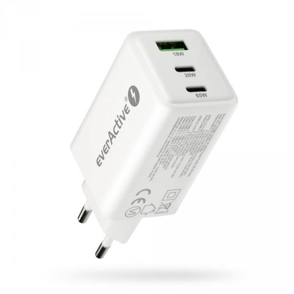 Ładowarka sieciowa everActive GaN SC-655Q 1x USB, 2x USB-C PD PPS QC4+ 65W biała