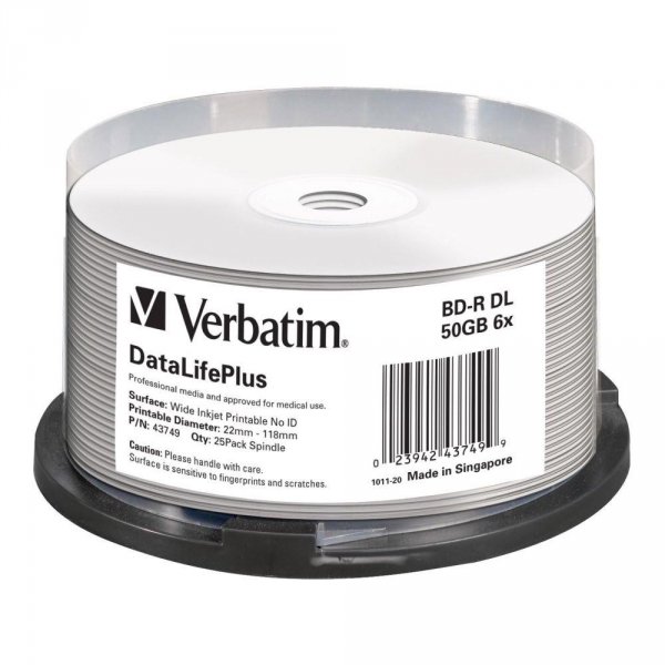 OUTLET: Płyty BD-R DL Verbatim 50GB 6x Wide Printable - No ID Brand (spindle 25) - USZ OPAK