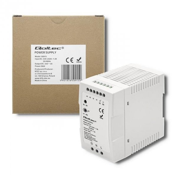 Zasilacz na szynę DIN Qoltec | 96W | 24V | 4A | Biały | Slim