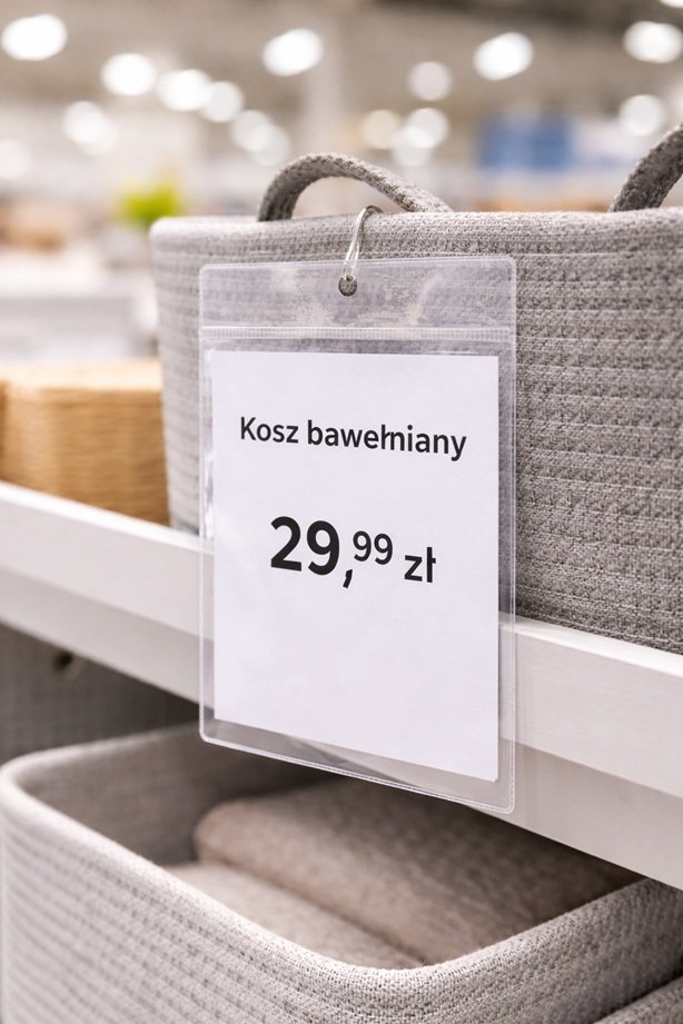 Osłonka cenowa A6 z oczkiem, Kieszeń PCV przezroczysta, Pion