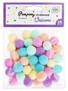 POMPONY do dekoracji JEDNOROŻEC PASTELOWE 35 SZTUK 2 cm (37207)