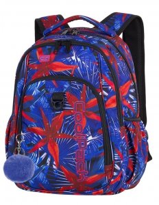 Plecak CoolPack STRIKE czerwone kwiaty na niebieskim tle, HAWAIAN BLUE + pompon (88190CP)