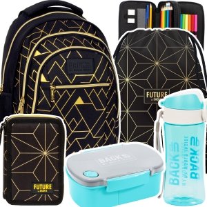 ZESTAW 5 el. Plecak szkolny młodzieżowy BackUP 26 L złote wzory, GEOMETRIC GOLD (PLB6O23SET5CZ)