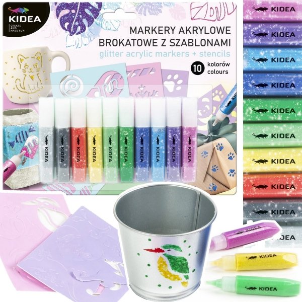 Markery akrylowe brokatowe 10 kolorów z szablonami KIDEA (MAB10KSKA)