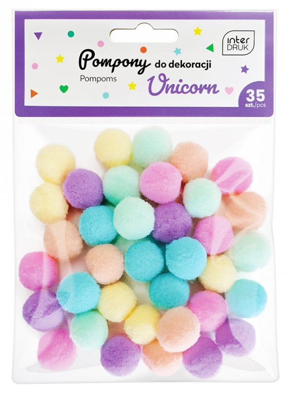 POMPONY do dekoracji JEDNOROŻEC PASTELOWE 35 SZTUK 2 cm (37207)