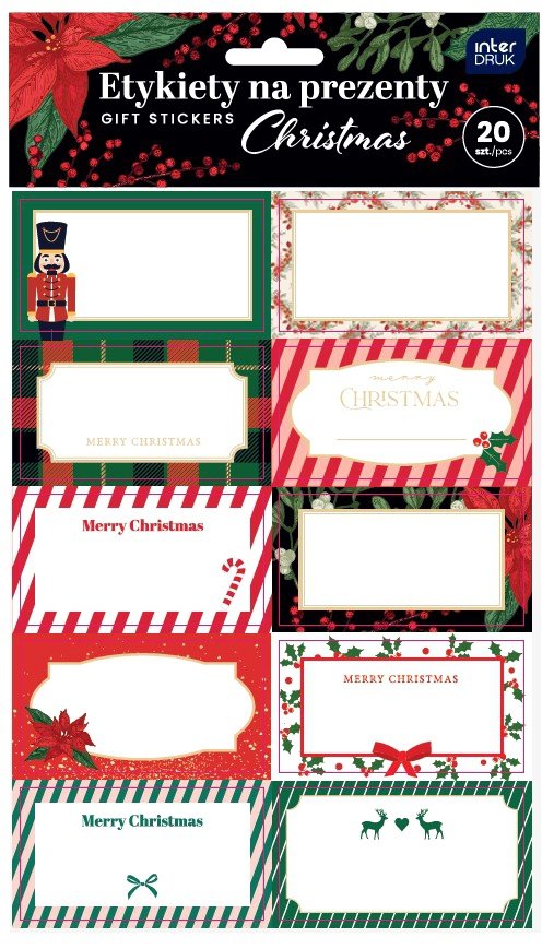 Etykiety na prezenty samoprzylepne nalepki naklejki ŚWIĄTECZNE CHRISTMAS 20 sztuk (54211)