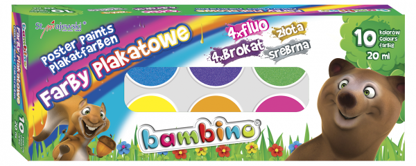 Farby plakatowe BAMBINO 10 kolorów FLUO + BROKAT (01956)