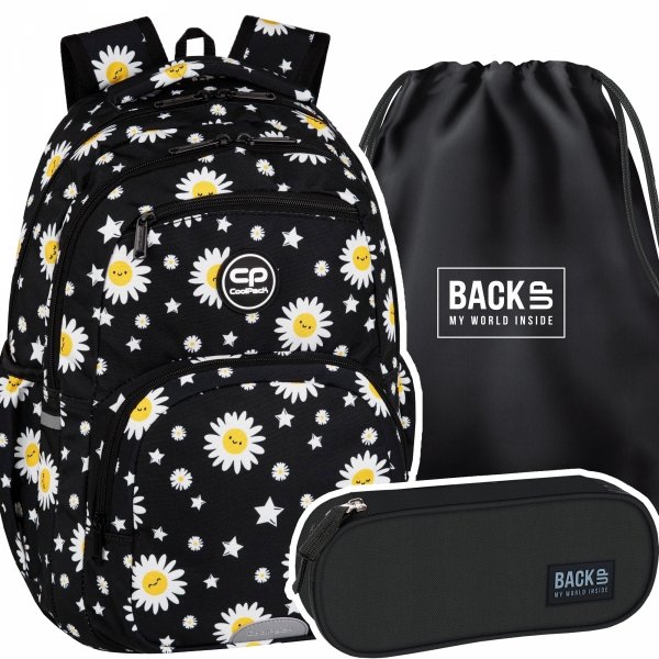 ZESTAW 3 el. Plecak CoolPack PICK  23 L stokrotki, DAISY BLACK (F099817SET3CZ)