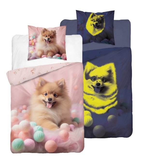 Pościel bawełniana świecąca FLUO Pomeranian Szpic Piesek 160 x 200 cm komplet pościeli (5411A)