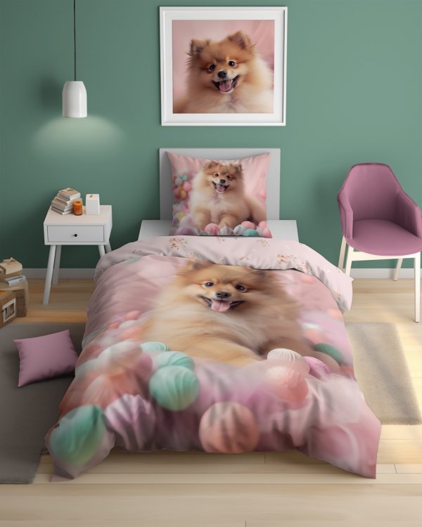 Pościel bawełniana świecąca FLUO Pomeranian Szpic Piesek 160 x 200 cm komplet pościeli (5411A)
