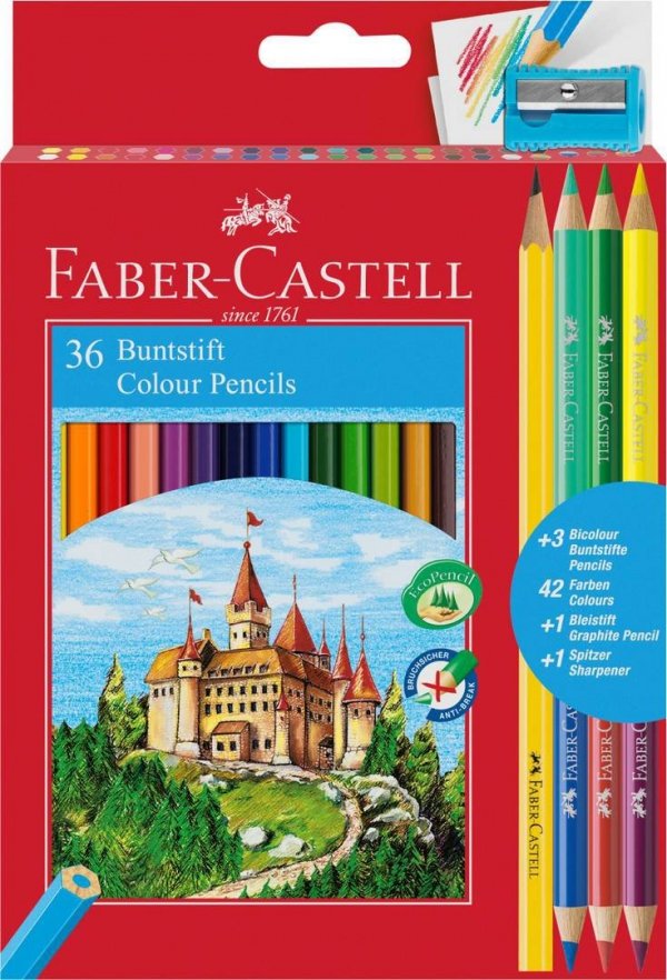 Kredki Zamek FABER CASTELL 36 kolorów + 3 kredki dwustronne + ołówek + temperówka (FC110336)