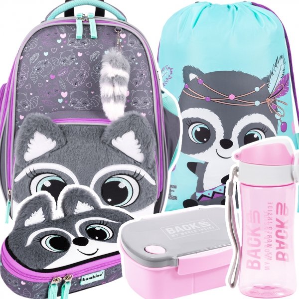 ZESTAW 5 el. Tornister Plecak wczesnoszkolny BAMBINO szop, RACOON B8 (63659SET5CZ)