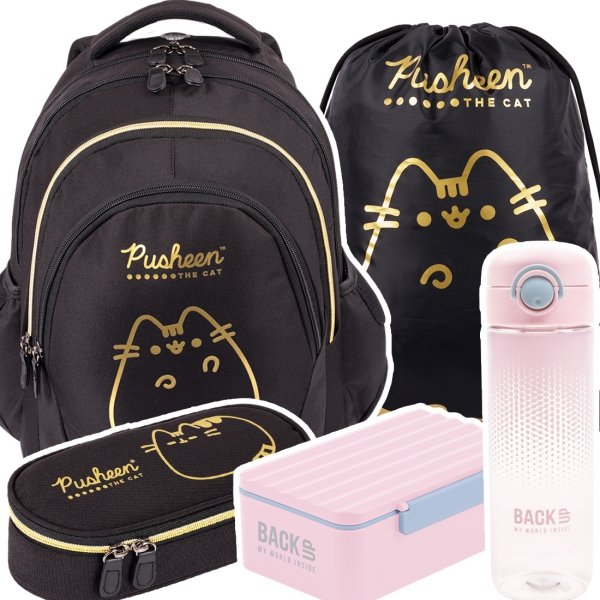 ZESTAW 5 el. Plecak szkolny młodzieżowy St.Right PUSHEEN GOLD Kot Kotek BP6 (63154SET5CZ)