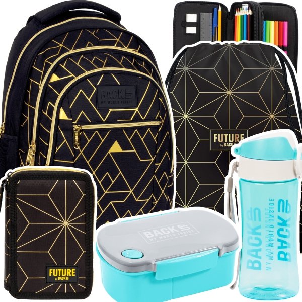ZESTAW 5 el. Plecak szkolny młodzieżowy BackUP 26 L złote wzory, GEOMETRIC GOLD (PLB6O23SET5CZ)