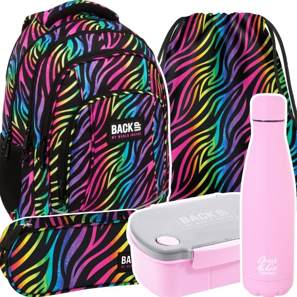ZESTAW 5 el. Plecak szkolny młodzieżowy BackUP 26 L KOLOROWA ZEBRA (PLB6A35SET5CZ)