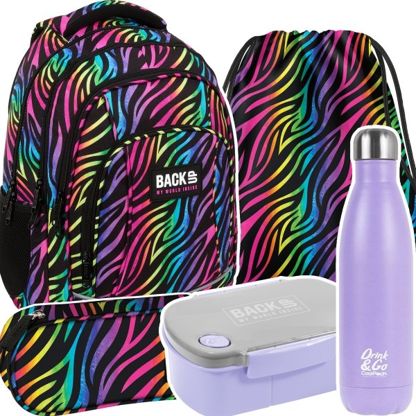ZESTAW 5 el. Plecak szkolny młodzieżowy BackUP 26 L KOLOROWA ZEBRA (PLB6A35SET5CZ)
