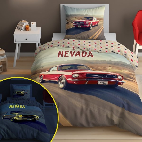POŚCIEL ŚWIECĄCA CZERWONY SAMOCHÓD 140x200cm FLUO AUTO NEVADA USA CADILLAC (5210A )