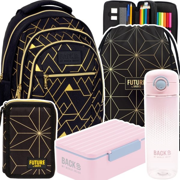 ZESTAW 5 el. Plecak szkolny młodzieżowy BackUP 26 L złote wzory, GEOMETRIC GOLD (PLB6O23SET5CZ)