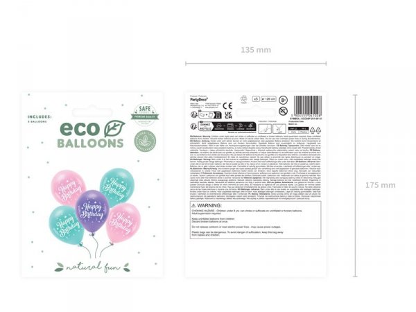 Balony Eco 26 cm, Happy Birthday, różowy (1 op. / 5 szt.)