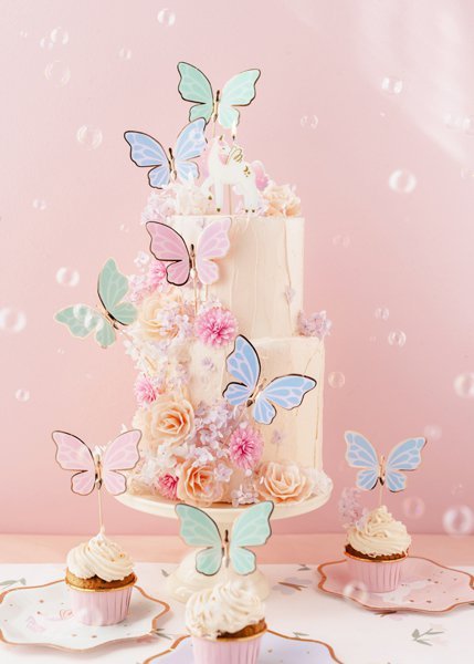 Toppery na tort Motylki, 9 x 6.5 cm, mix (1 karton / 40 op.) (1 op. / 9 szt.)