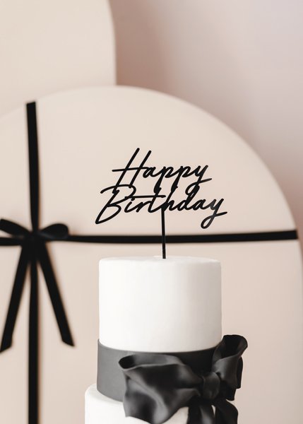 Topper akrylowy na tort Happy Birthday, czarny, 16.5 cm