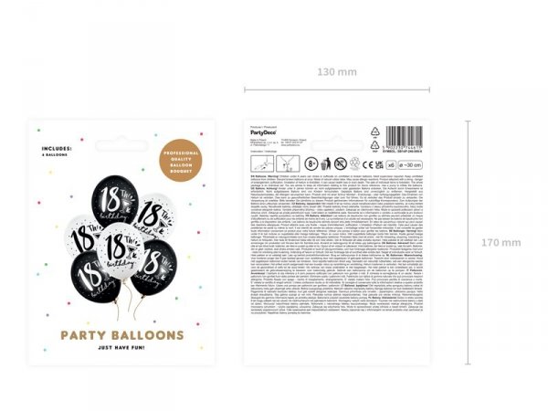 Balony 30cm, 18th! birthday, mix (1 op. / 6 szt.)