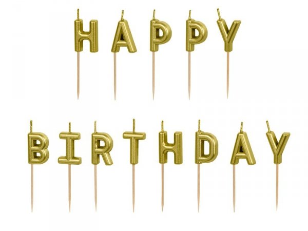 Świeczki urodzinowe Happy Birthday, 2.5 cm, złoty (1 karton / 24 op.) (1 op. / 13 szt.)
