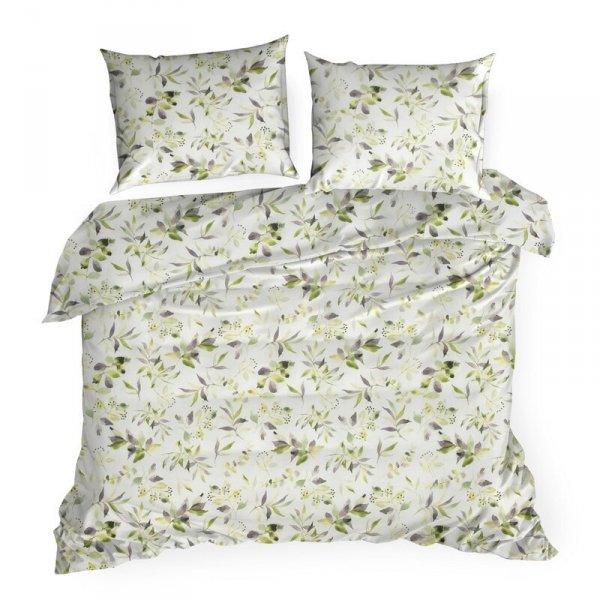 Pościel 220x200 cm bawełniana kolor biały, zielony wzór roślinny MILI