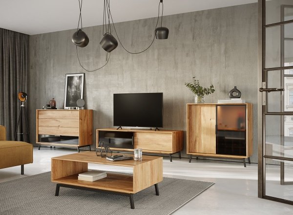 Dębowa Szafka RTV 200 ze szkłem MODERN LOFT - Katmandu