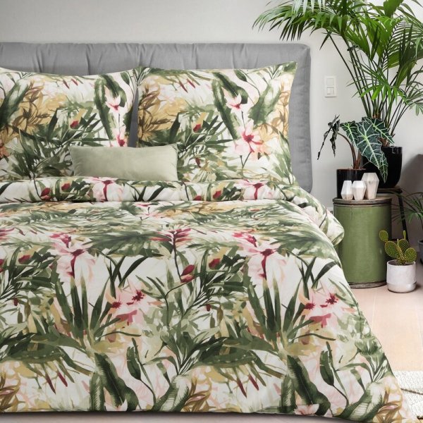 Pościel 160x200 cm bawełniana kolor biały, zielony z wzorem egzotycznych liści SPRING 43