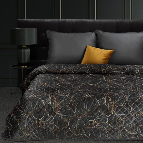 Narzuta dekoracyjna 170x210 Victoria 1 czarna złota liście welurowa Limited Collection Eurofirany