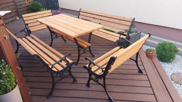 Zestaw żeliwny wzór Chiński ciężki stół i 4 ławki z podłokietnikami 175x90