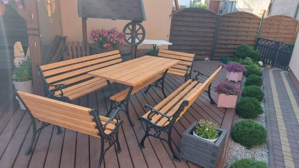 Zestaw żeliwny wzór Chiński ciężki stół i 4 ławki z podłokietnikami 175x90