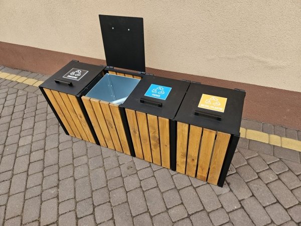 5 komorowy kosz parkowy miejski do segregacji odpadów z pokrywami metalowy drewniany ocynk 5 x 45L 