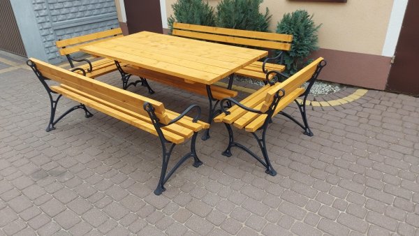 Zestaw MAJA królewki z podłokietnikiem stół 200x90 ławki żeliwne certyfikat 