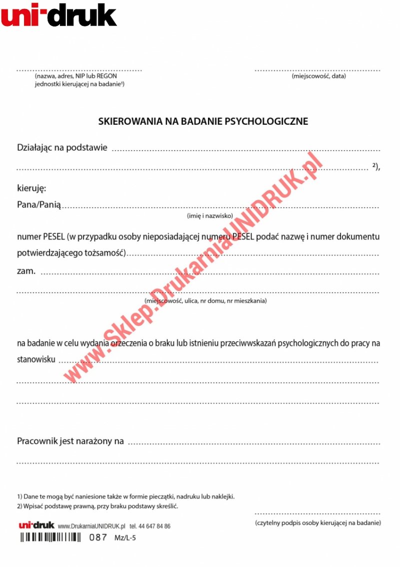 Skierowanie na badanie psychologiczne - druk