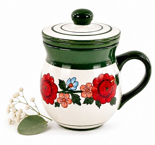 KUBEK CERAMICZNY Z ZAPARZACZEM I POKRYWKĄ DO PARZENIA HERBATY 250ML