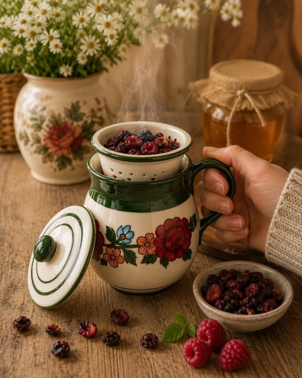 KUBEK CERAMICZNY Z ZAPARZACZEM I POKRYWKĄ DO PARZENIA HERBATY 250ML