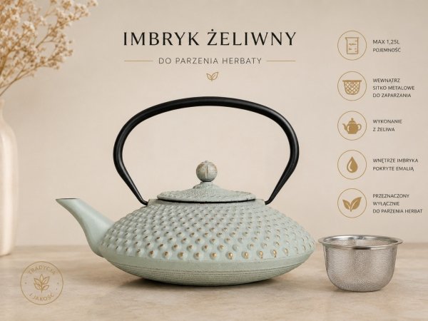 Czajnik żeliwny imbryk 1,25 + podstawka + czarki zestaw